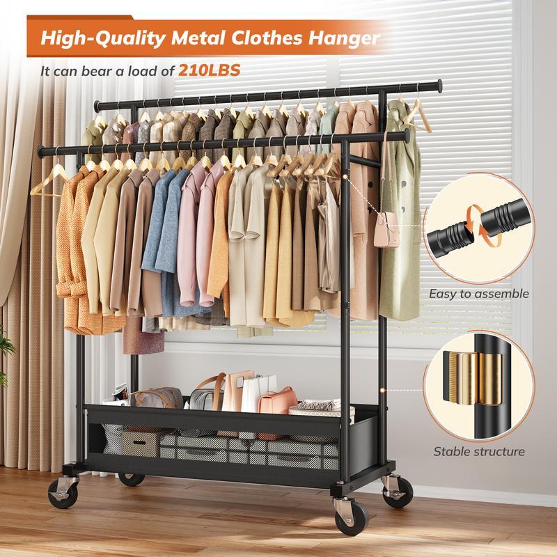 Double Rod MetalClothes Rack for Hanging, Rolling Garment Rack with Wheels
