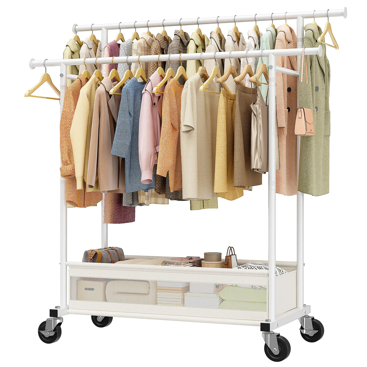 Double Rod MetalClothes Rack for Hanging, Rolling Garment Rack with Wheels