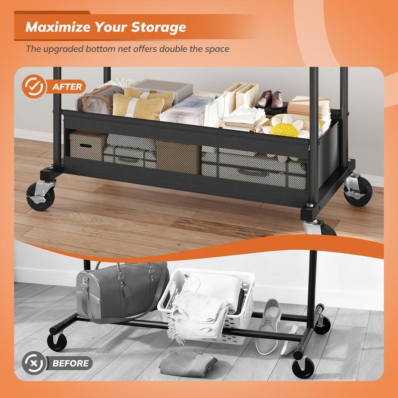Double Rod MetalClothes Rack for Hanging, Rolling Garment Rack with Wheels