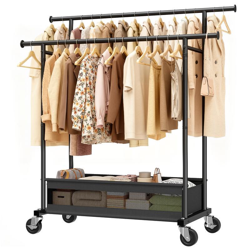 Double Rod MetalClothes Rack for Hanging, Rolling Garment Rack with Wheels