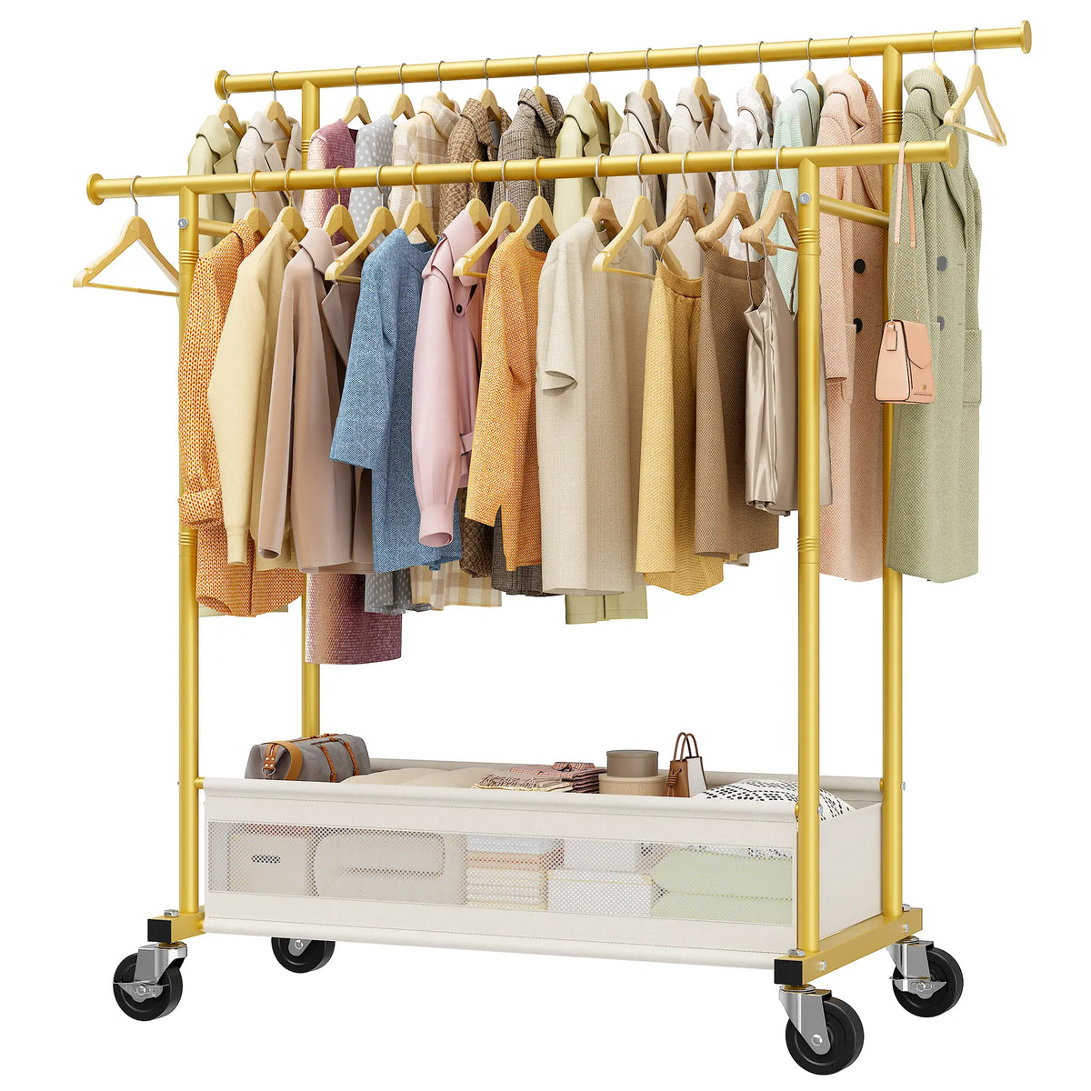 Double Rod MetalClothes Rack for Hanging, Rolling Garment Rack with Wheels