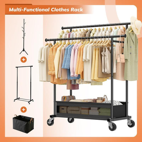 Double Rod MetalClothes Rack for Hanging, Rolling Garment Rack with Wheels