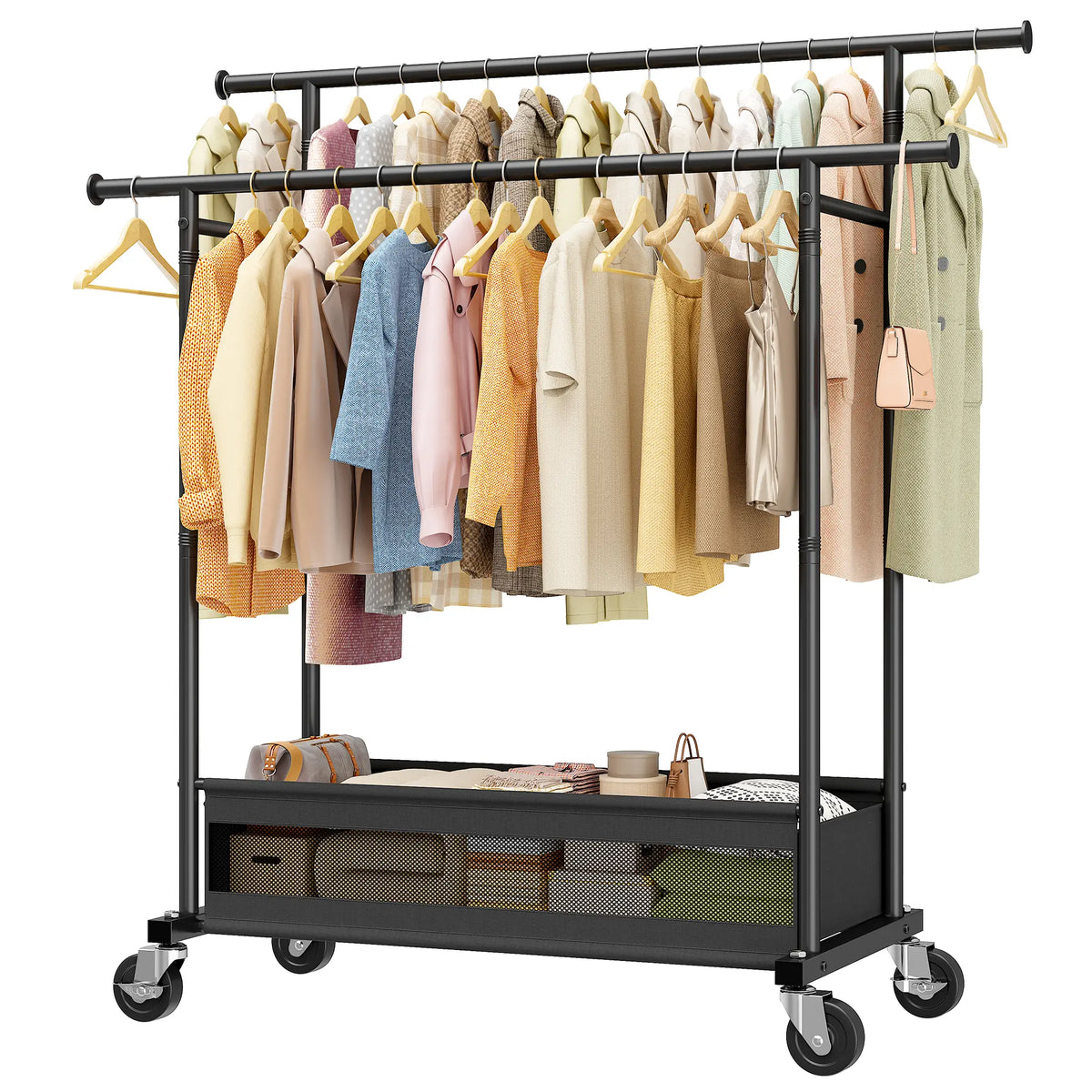 Double Rod MetalClothes Rack for Hanging, Rolling Garment Rack with Wheels