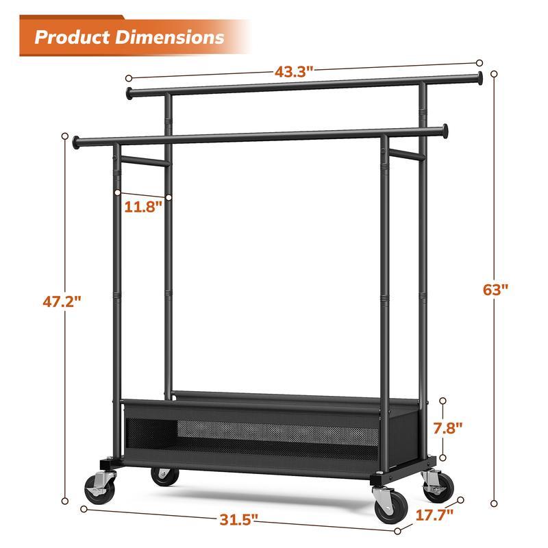 Double Rod MetalClothes Rack for Hanging, Rolling Garment Rack with Wheels