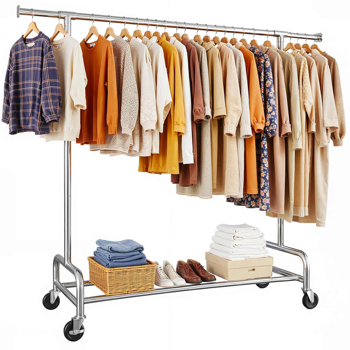 Double Rod MetalClothes Rack for Hanging, Rolling Garment Rack with Wheels